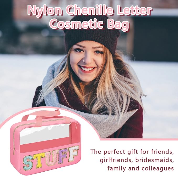 Iqimott Chenille Letter Patch Stuff Bag, Preppy Clear Makeup Cosmetic Bag Large Toiletry Storage Tote Bag with Handle, Transparent Nylon Waterproof Organizer Zipper Pouch for Travel Women Girls(Pink)