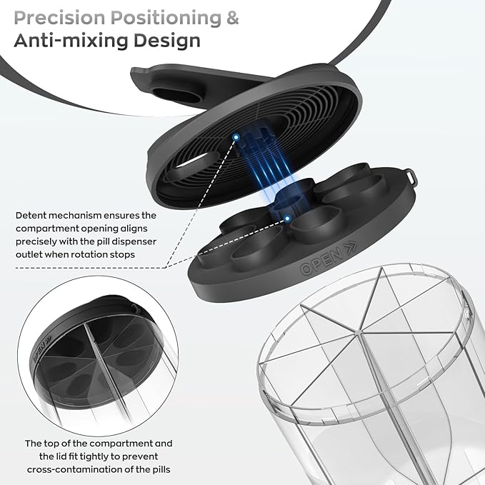 Pill Bottle Organizer with 7 Large Compartments, Pill Dispenser 4.4" H x 3.6" Dia for Travel, Supplement Organizer with Anti-Mixing Design, BPA-Free Pill Container with 20 Pcs Labels, Black