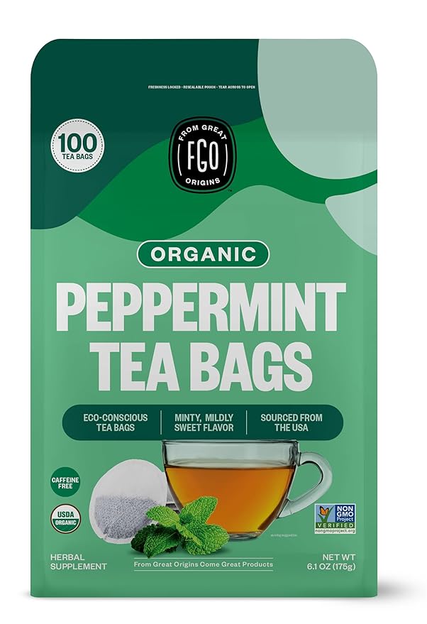 FGO Organic Peppermint Tea, 100 Count, Eco-Conscious Tea Bags, Caffeine Free, Packaging May Vary (Pack of 1)