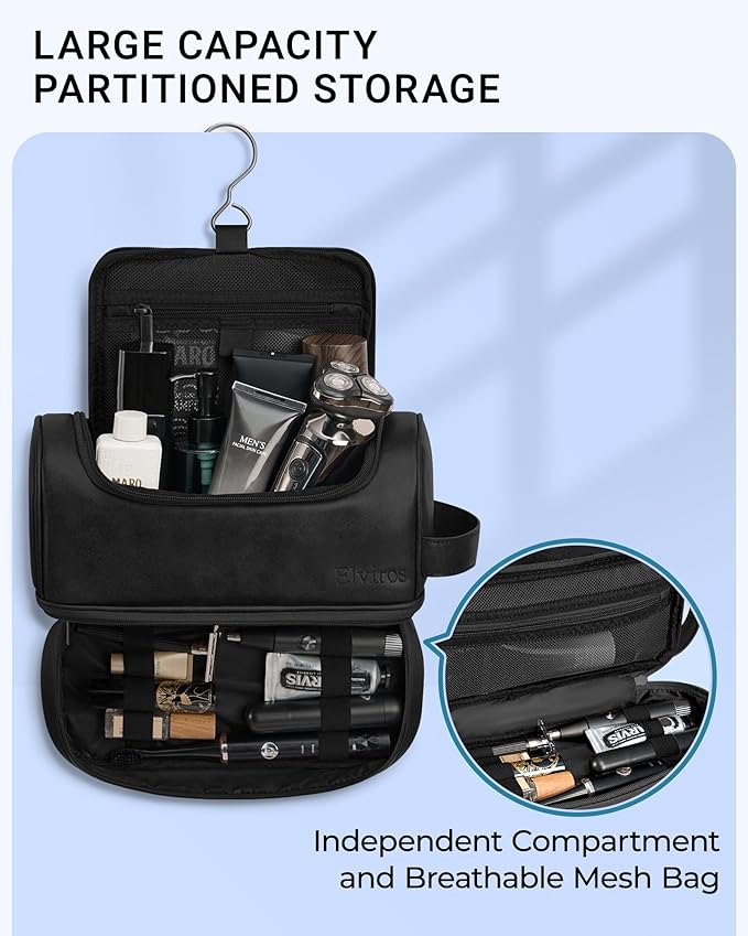 Elviros Toiletry Bag for Mens PU Leather Travel Organizer Kit with Hanging hook, Large Water-resistant Toiletries Bathroom Shaving Bags(Extra Large, Black)
