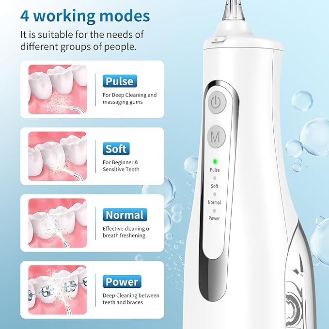 Cordless Oral Irrigator - 4 Modes Water Flosser for Teeth Cleaning, 300ML Reservoir, 360° Nozzle, IPX7 Waterproof, 2000mAh Rechargeable Battery, 4 Jet Tips, Smart Memory Function (M149 - White)