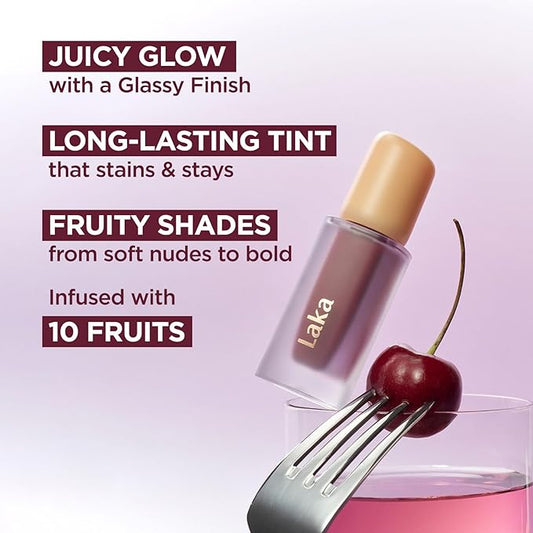 Laka Fruity Glam Tint, 4.5g/0.15oz, Glowing Lip Stain with Wide Color Spectrum, Hydrating & Lightweight Texture, Long-Lasting Bold Stain, Non-Sticky, Vegan, K-Beauty (#136 Oolong)