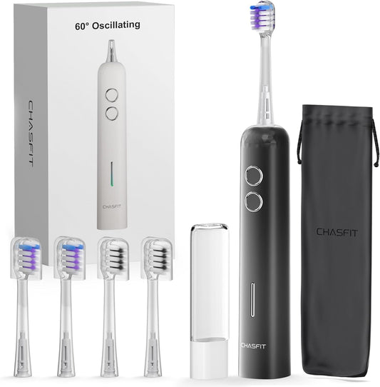 Electric Toothbrush Wave Oscillation & Vibration Sonic Tooth Brush for Adults BASS-Brushing Technique Travel Rechargeable Toothbrushes 4 Soft Bristle Replace Heads IPX7 Gifts for Men Women Black