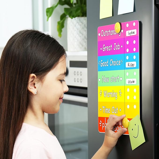 Geyee Colorful Behavior Chart for Multiple Kids Reward Incentive Behavior Chart with 12 Pieces Blank Movable Name Pieces Kids Board for Home School Classroom, 12.8 x 8.6 Inches (Vivid Colors)