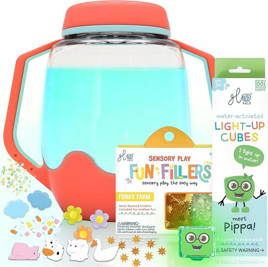 Glo Pals Play Pack Bundle with Sensory Play Jar, Water-Activated Light-Up Cubes, and Fun Fillers - Sensory Toys for Toddlers - Sensory Toy Kit with Light Up Cubes for Bathtub - Barnyard Blast