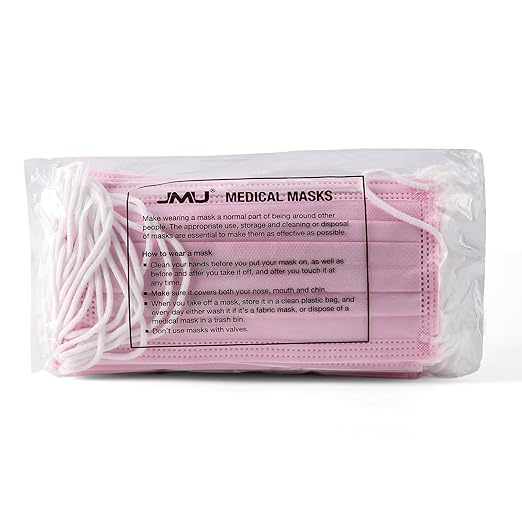 JMU 50 Pack Disposable Face Masks, 4-Ply ASTM Level 3 Medical Masks for Adults, Pink