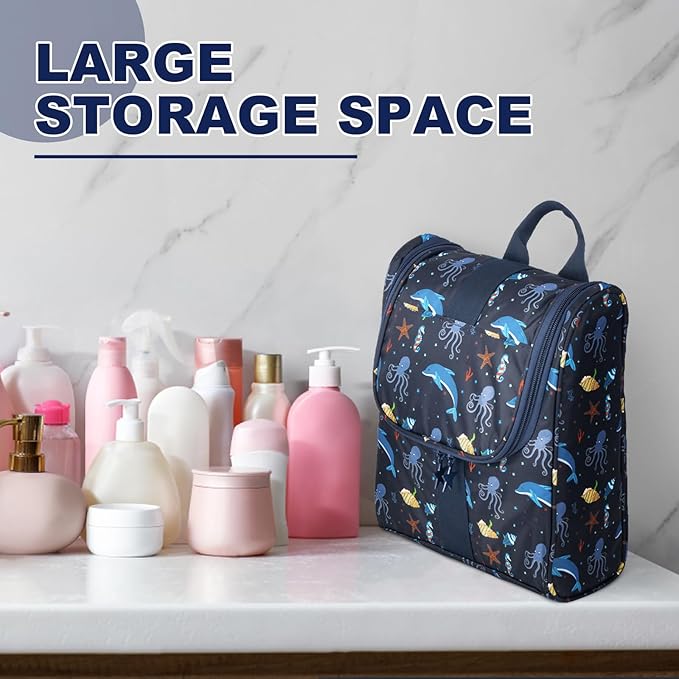 Cute Cartoon Hanging Kids Toiletry Bag Children Travel Cosmetic Makeup Organizer Wash Bag Shower bag Over Night Bag Camping Shaving Kit Bag for Boys & Girls (Sea World)