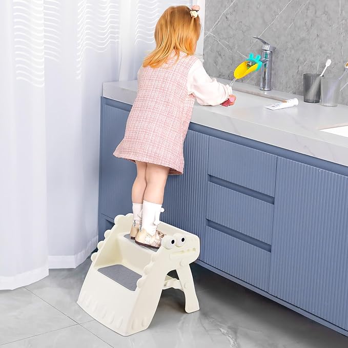Onasti Toddler Step Stool Foldable Kids Step Stool,Bathroom Stool for Toddlers Non-Slip Toddler Step Stool for Bathroom Sink and Kitchen Counter with Cute Dinosaur Design(White)