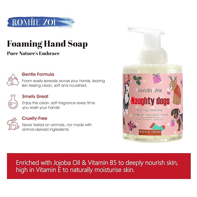 ROMIIE ZOI Christmas Foaming Hand Soap with Gift Box- Naughty Dogs Design, Winter Candy Apple Scented - Holiday Bathroom Soap for Winter Home Decoration and Gifting – 500ml / 16.8oz