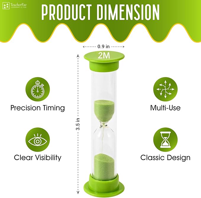 Sand Timer for Kids - 2 Minute Set of 4 Hour Glass - Green Color- Acrylic Covered for Classroom, Home & Kids Room