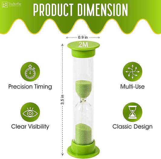 Sand Timer for Kids - 2 Minute Set of 4 Hour Glass - Green Color- Acrylic Covered for Classroom, Home & Kids Room