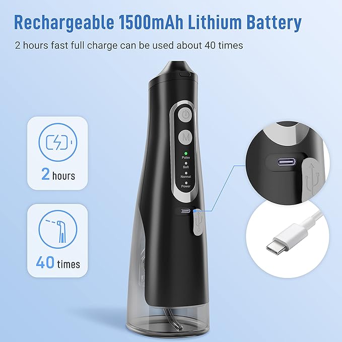 Cordless Water Flosser Teeth Cleaner Dental Oral Irrigator Picks Portable and Rechargeable 310ml Water Tank IPX7 Water Proof for Home and Travel Infiwarden (Black)
