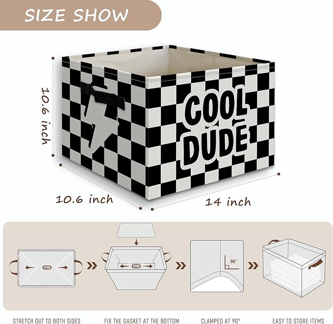 Cool Dude Boy Foldable Checkered Basket Storage Bins Box with Handles, Black and White Collapsible Organizer for Kids Boys Room Bedroom Bathroom Nursery Playroom Clothes Toys Books