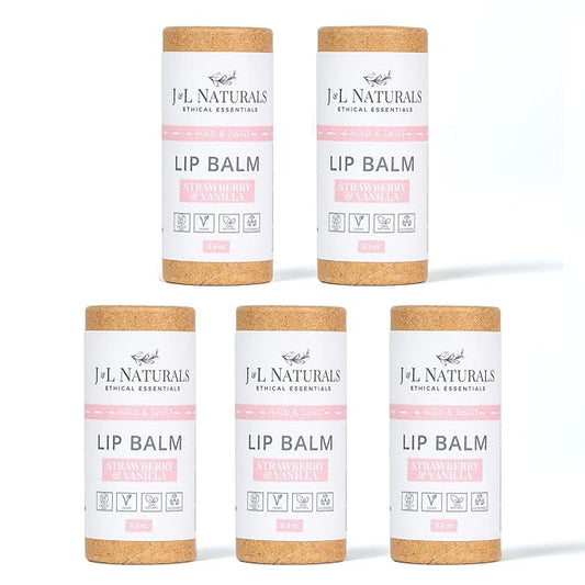 J&L Naturals Sustainable Lip Balm | Organic Ingredients, 100% Natural, Eco-Friendly | Cruelty Free, Vegan, Paraben Free, Silicone Free (Strawberry & Vanilla, 5-Piece Bundle)