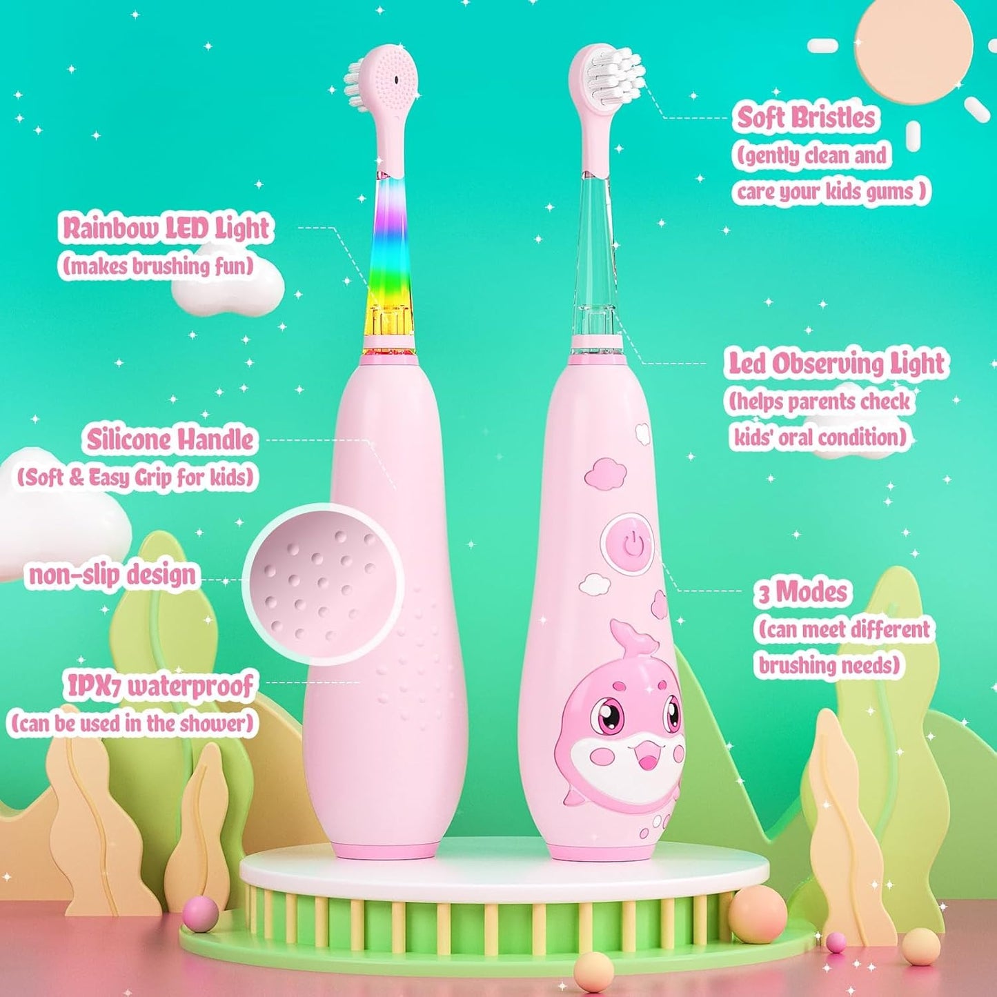 SEAGO Kids Electric Toothbrushes Rechargeable, Toddler Electric Toothbrush with Magnetic Charging, LED Observing Light, 8 Toothbrush Heads for Ages 2-4-6 Boys Girls (Pink)