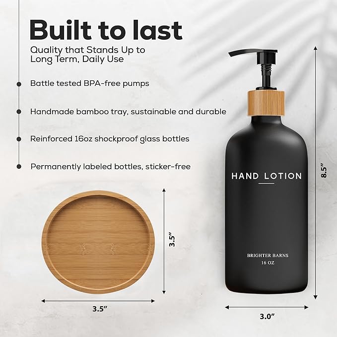 Black Glass Lotion Dispenser with Pump by Brighter Barns - Hand Lotion Dispenser Bathroom Set with Tray - Luxury Bathroom Accessories Set, Modern Home Decor for Spa, Office, Living Room, Hotel (Black)