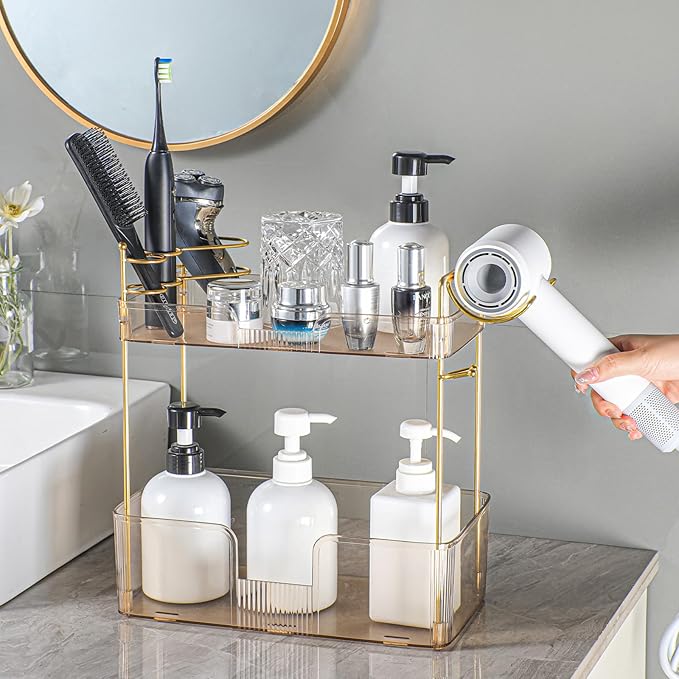 2 Tier Gold Bathroom Counter Organizer with Hair Dryer Holder, Skincare & Makeup Organizer, Cosmetics Shelf for Vanity Tray