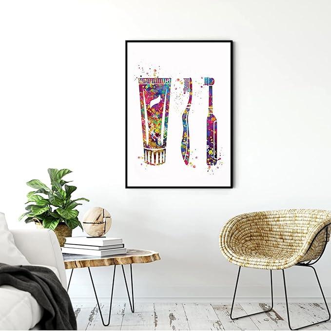 HFKSRJGW Medical Clinic Decor,Dental Care Tools Watercolor Print Tooth Medical Art Surgeon Dental Clinic Decor Gift Dental Dentist Dentistry Office Dental Hygienist,16"x20"Framed Wall Art