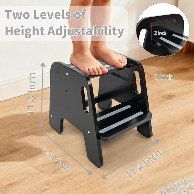 WOOD CITY Toddler Step Stool, Wooden 2 Step Stools for Bathroom Sink Potty Training Kitchen Dual Height Stool Helper for Kids Bonus Non-Slip Pads and Handles for Safety （Black）