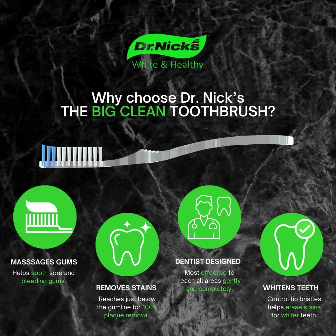 Dr. Nick's White and Healthy Tongue Scraper (3 pack) and The Big Clean Large Toothbrush Medium Soft, Dentist Designed for Fresh Breath, Easy to Use Plastic Tongue Cleaner and Toothbrush for Adults