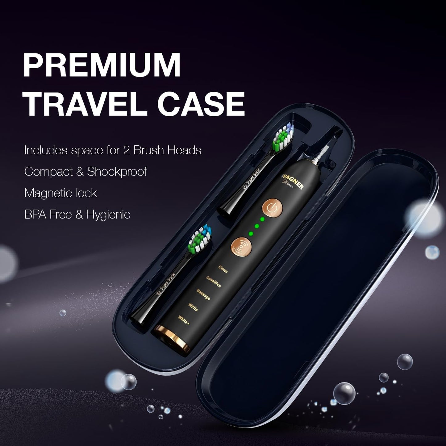 Wagner Stern WHITEN+ Edition. Whitening Electric Toothbrush with Pressure Sensor. Offers 5 Brushing Modes, 3 intensities, 8 Soft Brush Heads, and a Luxury Travel case.