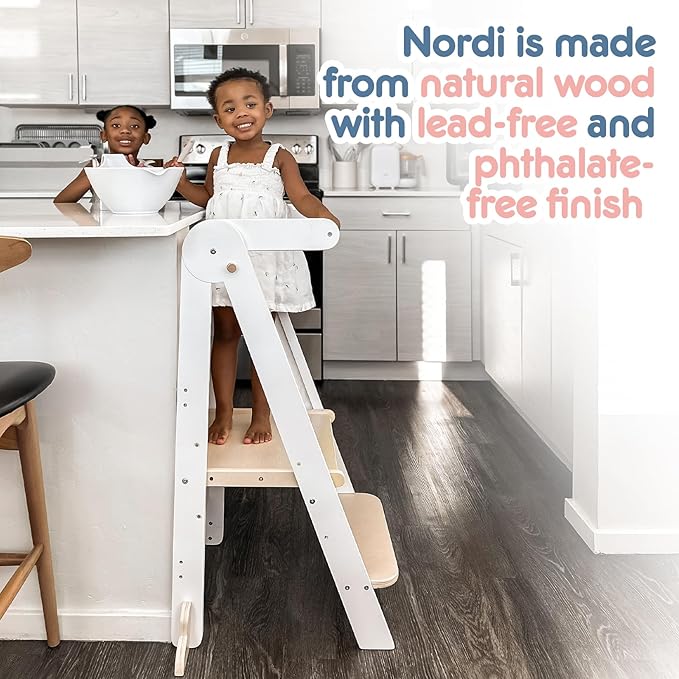 HARPPA Nordi Foldable Toddler Kitchen Tower, Montessori Kitchen Stools Helper, Standing Tower with 3 Adjustable Heights, Suitable Age for 2-6 Years, White