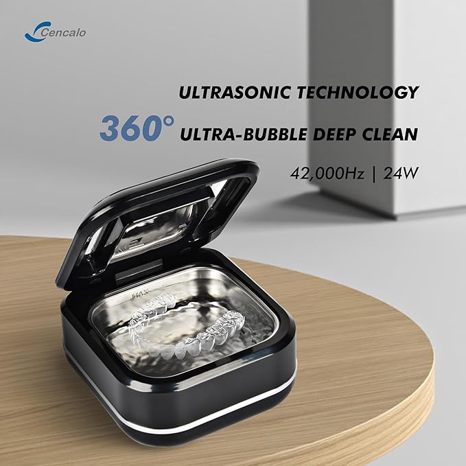 Ultrasonic Retainer Cleaner Machine with 2 Digital Timer, U-V Dental Cleaning Pod with Viewing Port,180ml Portable Denture Cleaner for Mouth Guards, Night Guards, Aligners, Brace, Jewelry, 42kHz Black