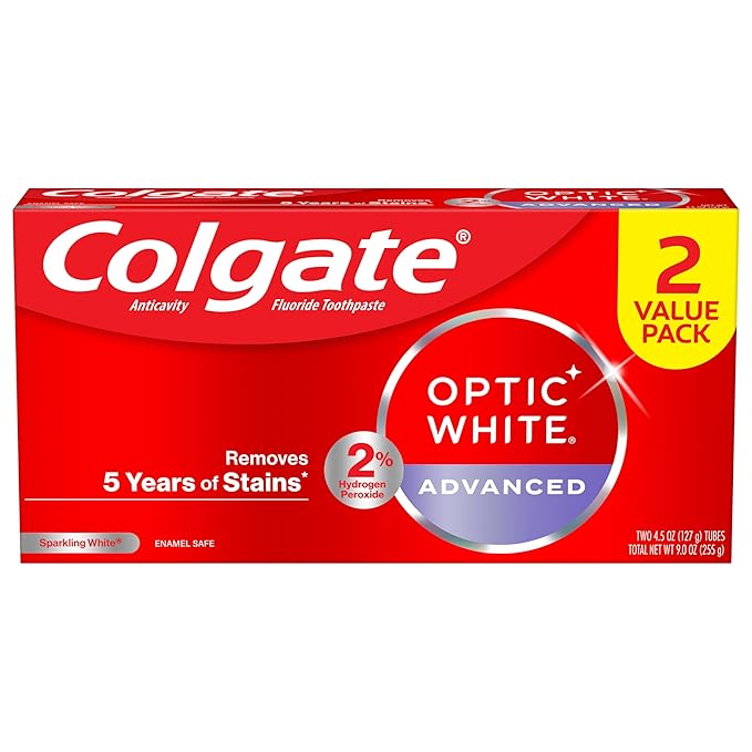 Colgate Optic White Advanced Hydrogen Peroxide Toothpaste, Teeth Whitening Toothpaste Pack, Enamel-Safe Formula, Helps Remove Tea, Coffee, and Wine Stains, Sparkling White, 2 Pack, 4.5 oz