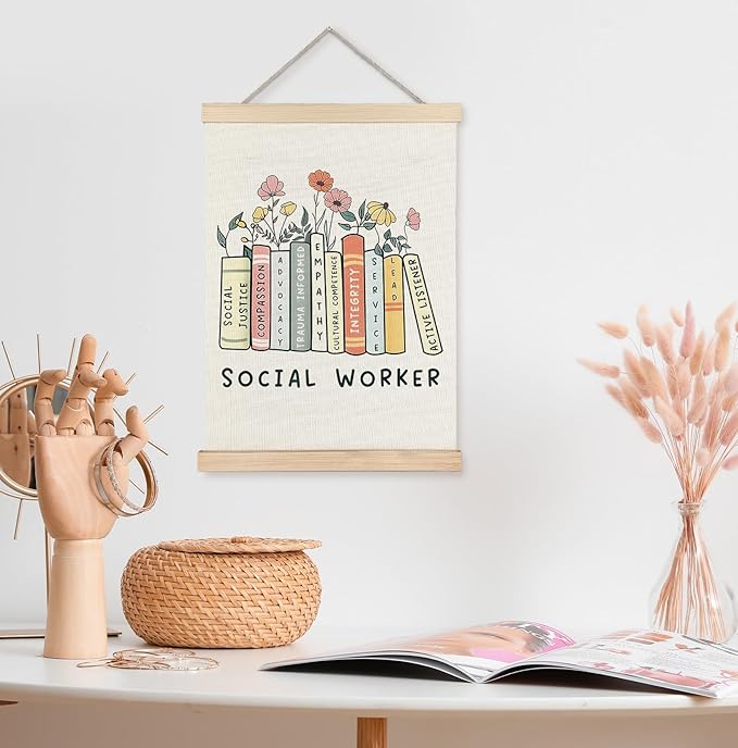 Yomisex Social Worker Wall Art Poster, Social Workers Gifts for Women, Floral Bookish Societal Worker Wall Art Framed for Home Bedroom Living Room Office Decor, 12x16 Inch