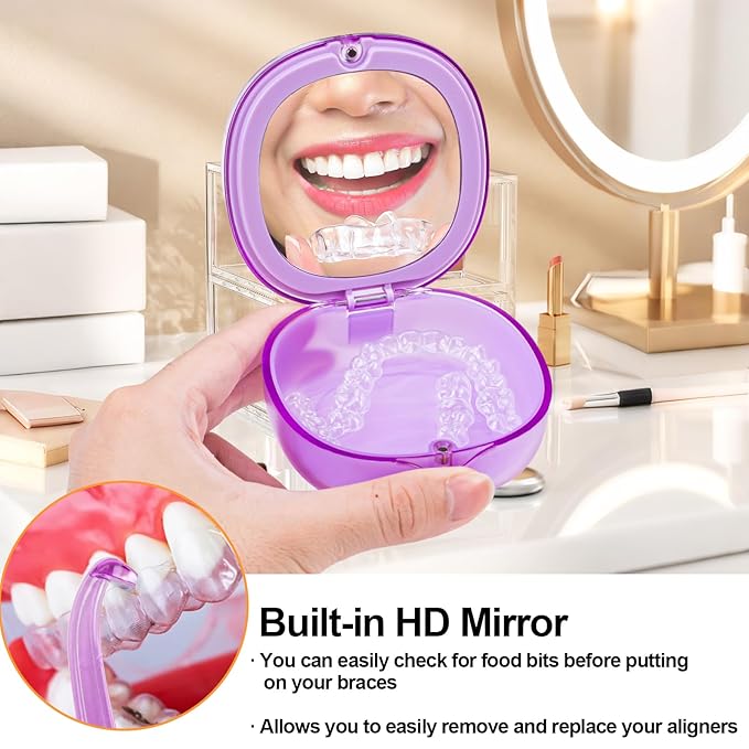 Braces Retainer Container Case with Mirror, Aligner and Retainer Holder Case Mouthguard Storage Container for Night Guard, Clear Aligner, Orthodontic Supplies with Removal Tool, Chew and Travel Brush