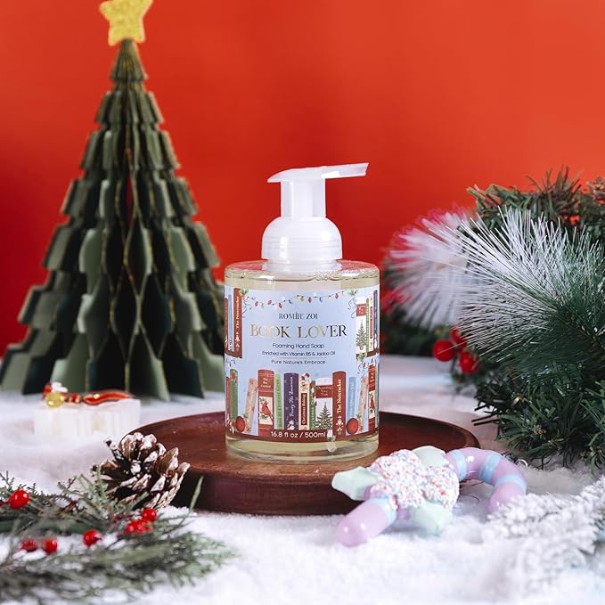 ROMIIE ZOI Christmas Foaming Hand Soap with Gift Box- Book Lover Design, Floral&Fruity Scented- Holiday Soap Gift for Bathroom Winter Home Decor, Stocking Stuffer- 500ml / 16.8oz