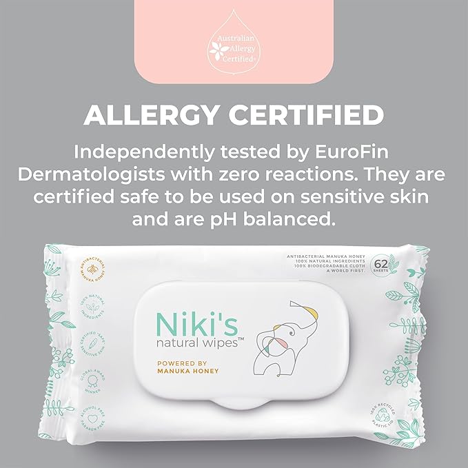 Niki's Natural Baby Wipes | Sensitive Organic Baby Wipes | Made with Manuka Honey and Coconut Oil, No Added Scents | EWG Verified | 248 Wipes (4 Pack x 62 Count Wipes)