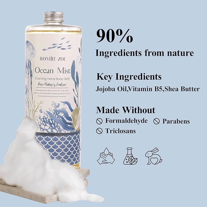 ROMIIE ZOI Hand Soap Refills, Foaming Hand Soap Natural Plant Moisturizing Handsoap Fragrance Ocean Mist - Soft Hand Wash for Kitchen & Bathroom - with Foam Soap Dispenser 1L/33.8oz Pack 0f 3