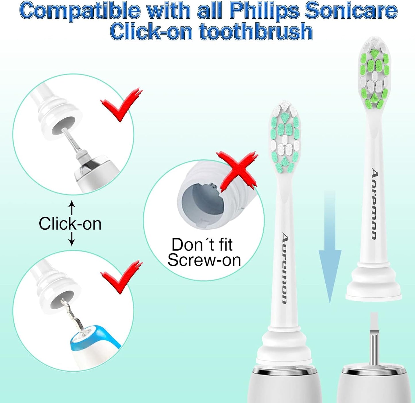 Aoremon Replacement Heads for Sonicare Philips Toothbrush: Compatible with Sonicare DiamondClean HX6063/65, 2 Series Hx9023/65 and Other Click on Electric Toothbrush