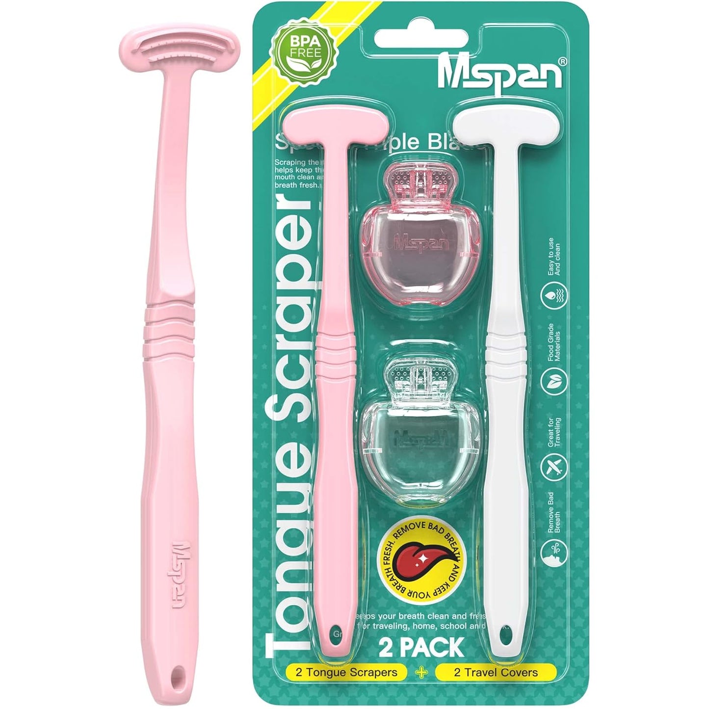 Mspan Tongue Scraper Cleaner Brush: Tongue Care Cleaning Scrubber with Plastic Travel Case Cover for Adults kids - Clean Oral Bad Breath Pink White 2 Pack