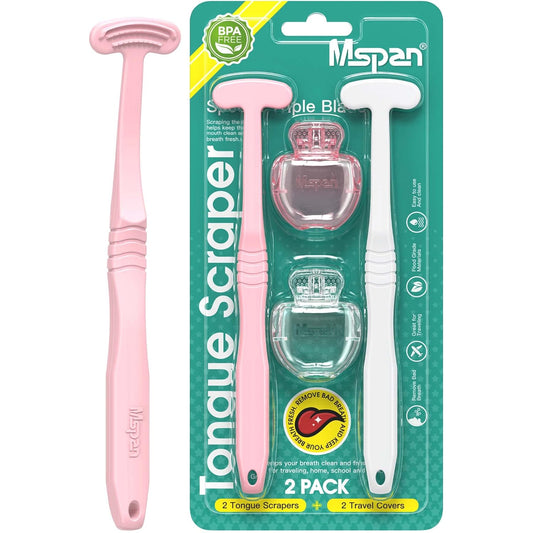 Mspan Tongue Scraper Cleaner Brush: Tongue Care Cleaning Scrubber with Plastic Travel Case Cover for Adults kids - Clean Oral Bad Breath Pink White 2 Pack