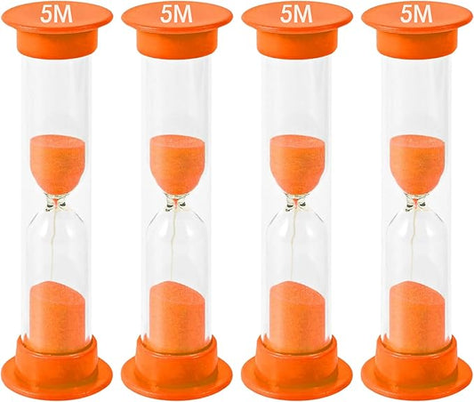 Sand Timer for Kids - 5 Minute Set of 4 Hour Glass - Orange Color- Acrylic Covered for Classroom, Home & Kids Room