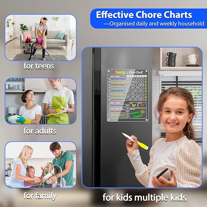 PigPotParty Acrylic Magnetic Chore Chart for Kids on Fridge – 9.5"x12" Daily & Weekly Dry Erase Chore Board with 8 Fine Tip Markers and 1 Towel – Responsibility Chart with Reward Point System