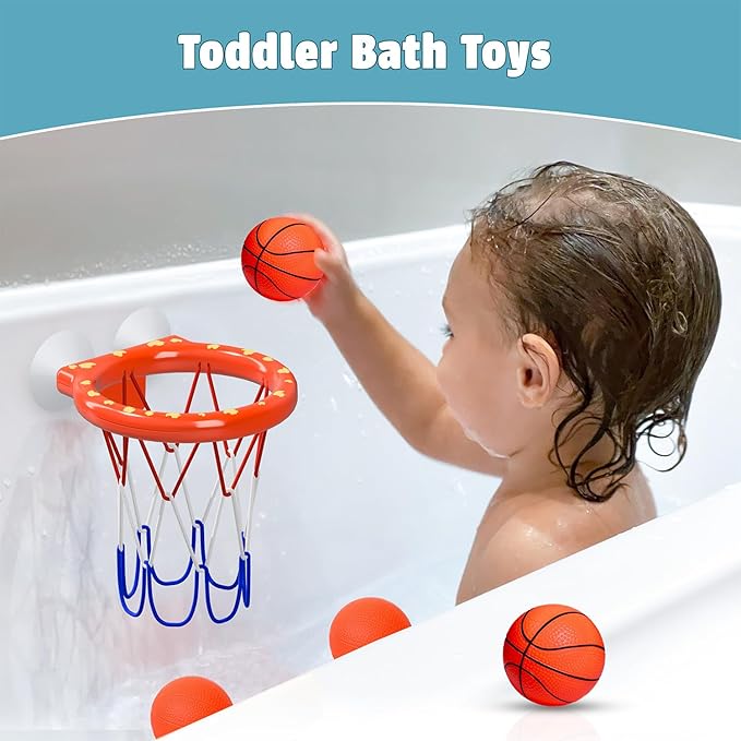 Bath Toys – Bathtub Basketball Hoop for Toddlers and Kids, Mold-Free Shower Toy with 4 No-Hole Balls, Fun Bathtub Toys for Boys and Girls