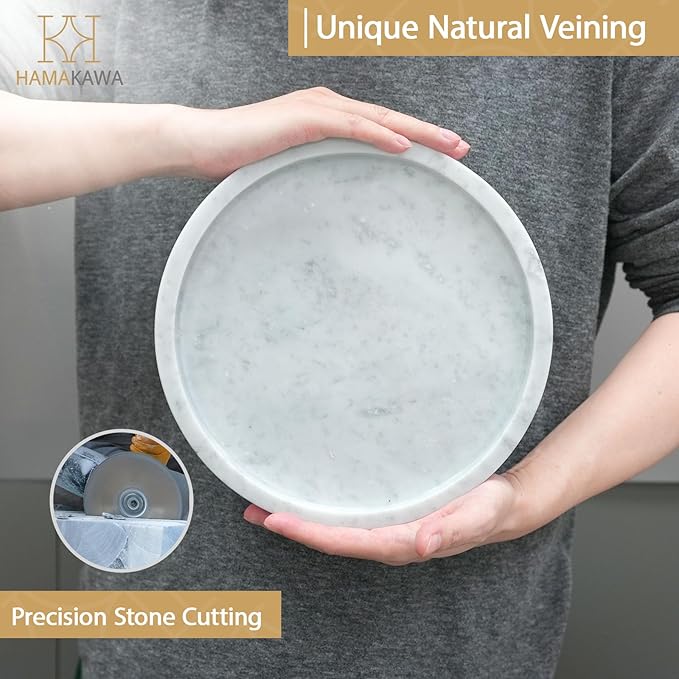 Bathroom Vanity Tray, Large Natural Marble Round Sink Tray 9.5 Inch, Carrara White Limestone Dresser Tray, Modern Countertop Organizer for Soap Dispenser, Kitchen Counter, Home Decor