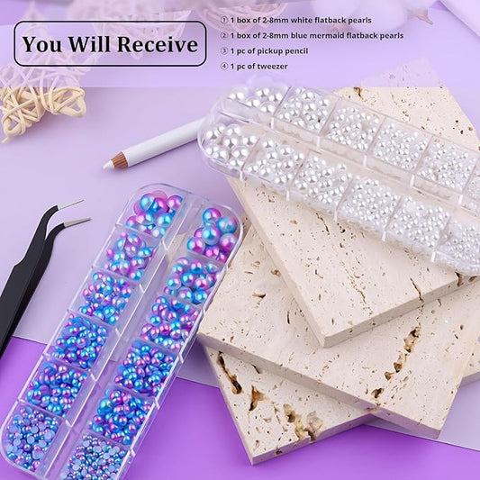 2 Boxes Flat Back Pearls Kit 14 Flatback White&Blue Mermaid Half Round Pearls 2-8mm with Pickup Pencil and Tweezer for Home DIY and Nail Art, Face Makeup and Craft