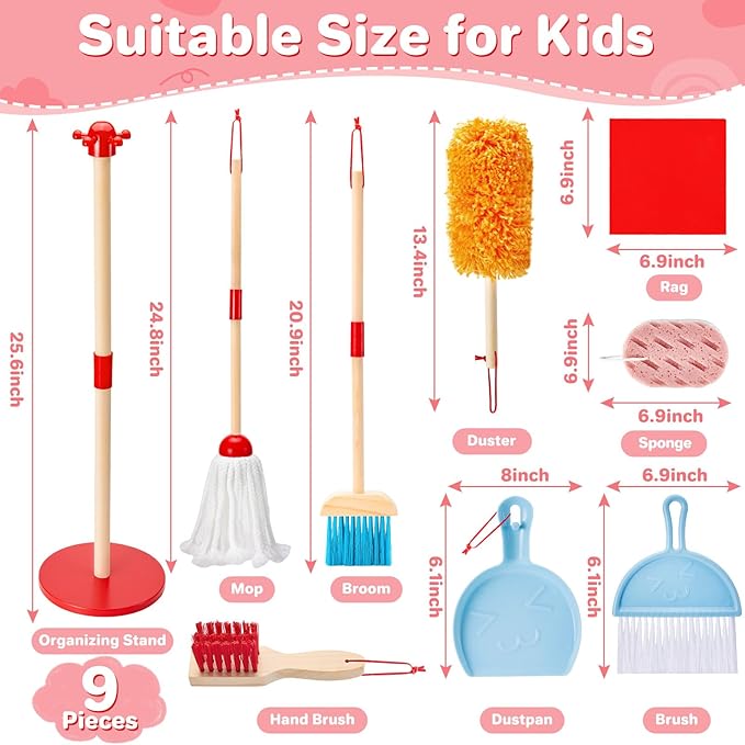 WHOHOLL Wooden Kids Cleaning Toy Set Toddler Broom and Dustpan Set for Housekeeping 9 Pcs Broom and Mop Set for Toddlers 3-5, Baby Cleaning Toys with Sponge, Christmas Birthday Gifts for Boys Girls