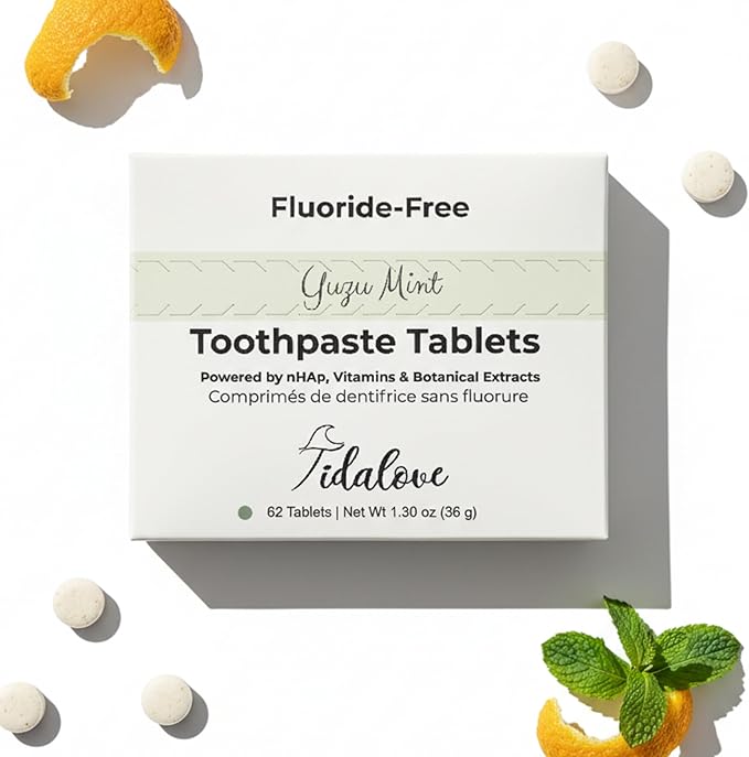 Citrus Yuzu Mint Fluoride-Free Toothpaste Tablets with Nano Hydroxyapatite | Natural Whitening, Enamel Strengthening, Plastic-Free & Travel-Friendly (1 Month Refill)-62 Tablets