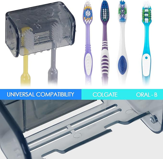 2 PCS Toothbrush Holder Wall Mounted with Cover for Bathroom, 2 Slots Toothbrush Storage Organizer for Shower, Self Adhesive Toothbrush Hanger Rack for Dorm, Cabinet (Grey)