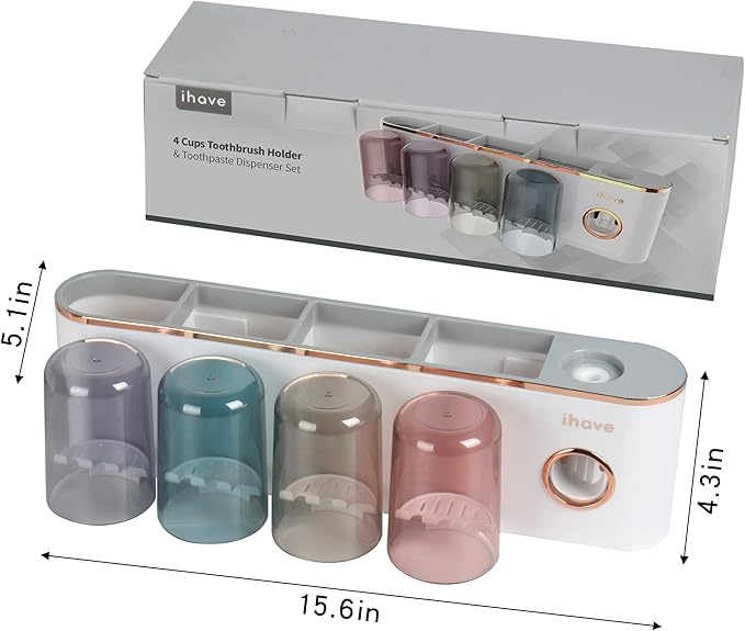 iHave Toothbrush Holders Bathroom Accessories with Toothpaste Dispenser, 4 Cups Toothbrush Holder Wall Mounted Bathroom Decor