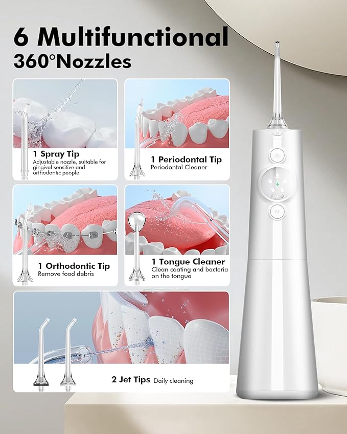 Water Flosser Teeth Pick: LED Display 5 Modes Cordless Dental Pick with 300ML Tank for Braces,Gums Care, IPX7 Waterpoof, 6 Jet Tips Water Flossing Cleaning Picks, Portable for Travel, Home, Y215 White