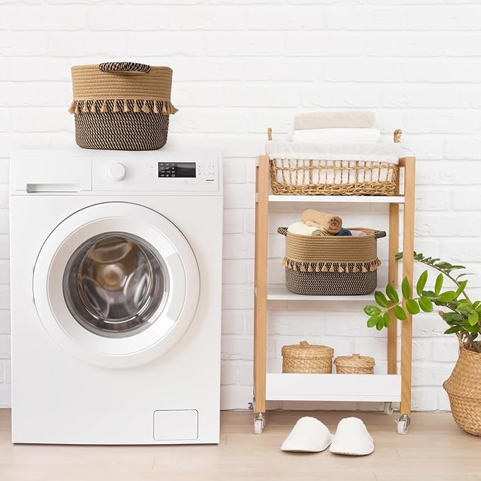 TeoKJ Set of 3 Baskets for Organizing, Decorative Rope Baskets for Storage, Storage for Pets, books, Pillows, Toys & Cloths, Black & Jute