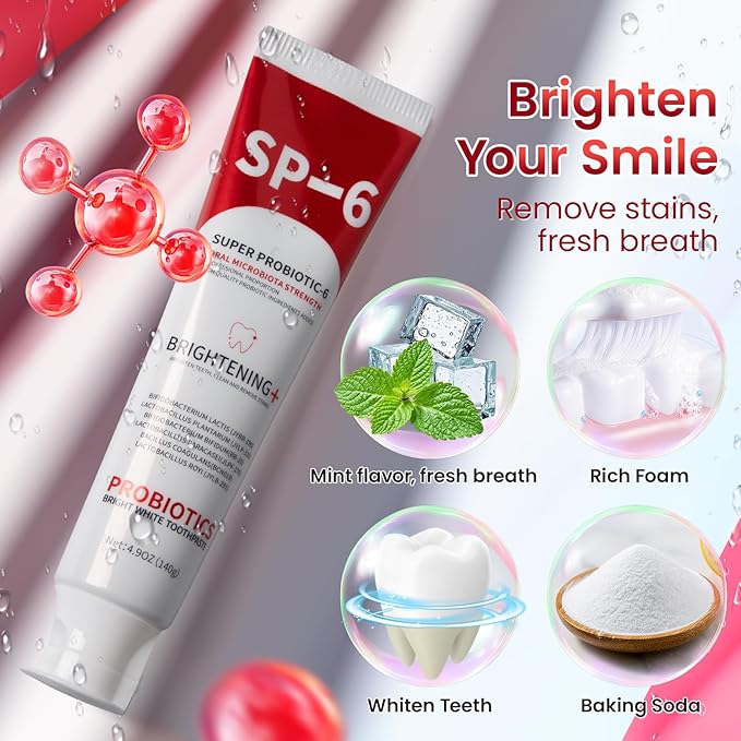 SP-6 Probiotic Whitening Toothpaste, SP-6 Probiotic Toothpaste, Enhanced Formula with 6 Probiotics for Teeth Whitening/Brightening, Enamel-Safe, Fluoride-Free, Fresh Mint Flavor, 4.9oz, 2Pack