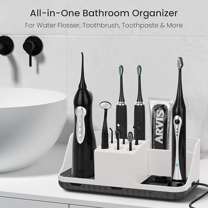 Boperzi Bathroom Counter organizers and Storage: Cord-Friendly Electric Toothbrush and Toothpaste Holder, Detachable Water Flosser & Tips Holder, Bathroom Decor and Accessories Organization Countertop