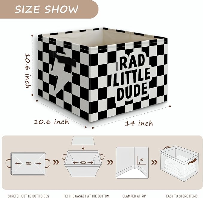 Rad Little Dude Boy Basket Foldable Storage Bins Box with Handles, Black and White Checkered Collapsible Organizer Basket for Kids Boys Bedroom Bathroom Nursery Playroom Clothes Toys Books